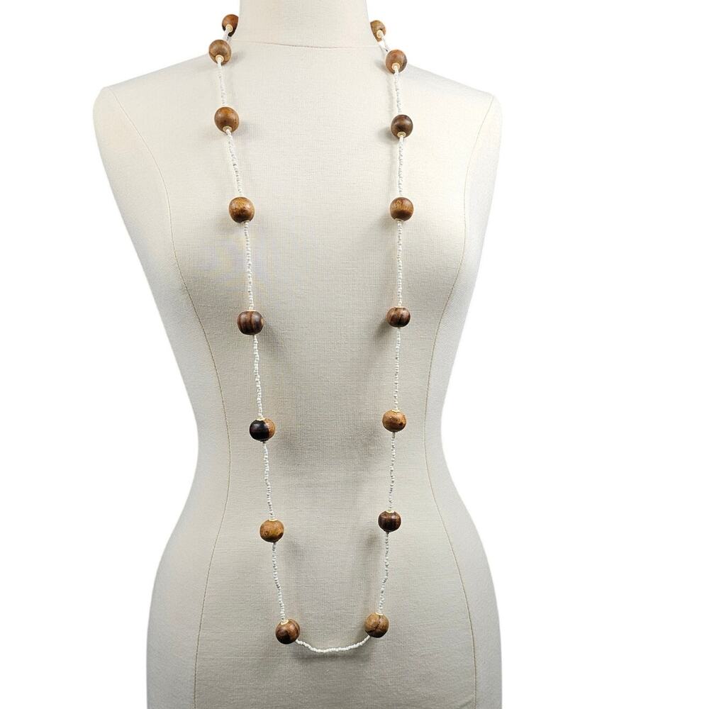 Vintage Boho Earthy Wood and Glass Seed Bead Necklace Flapper / Rope Length